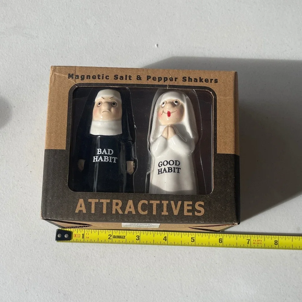 Attractives Good Habit Bad Habit Nun Magnetic Salt and Pepper Shakers Set 8357